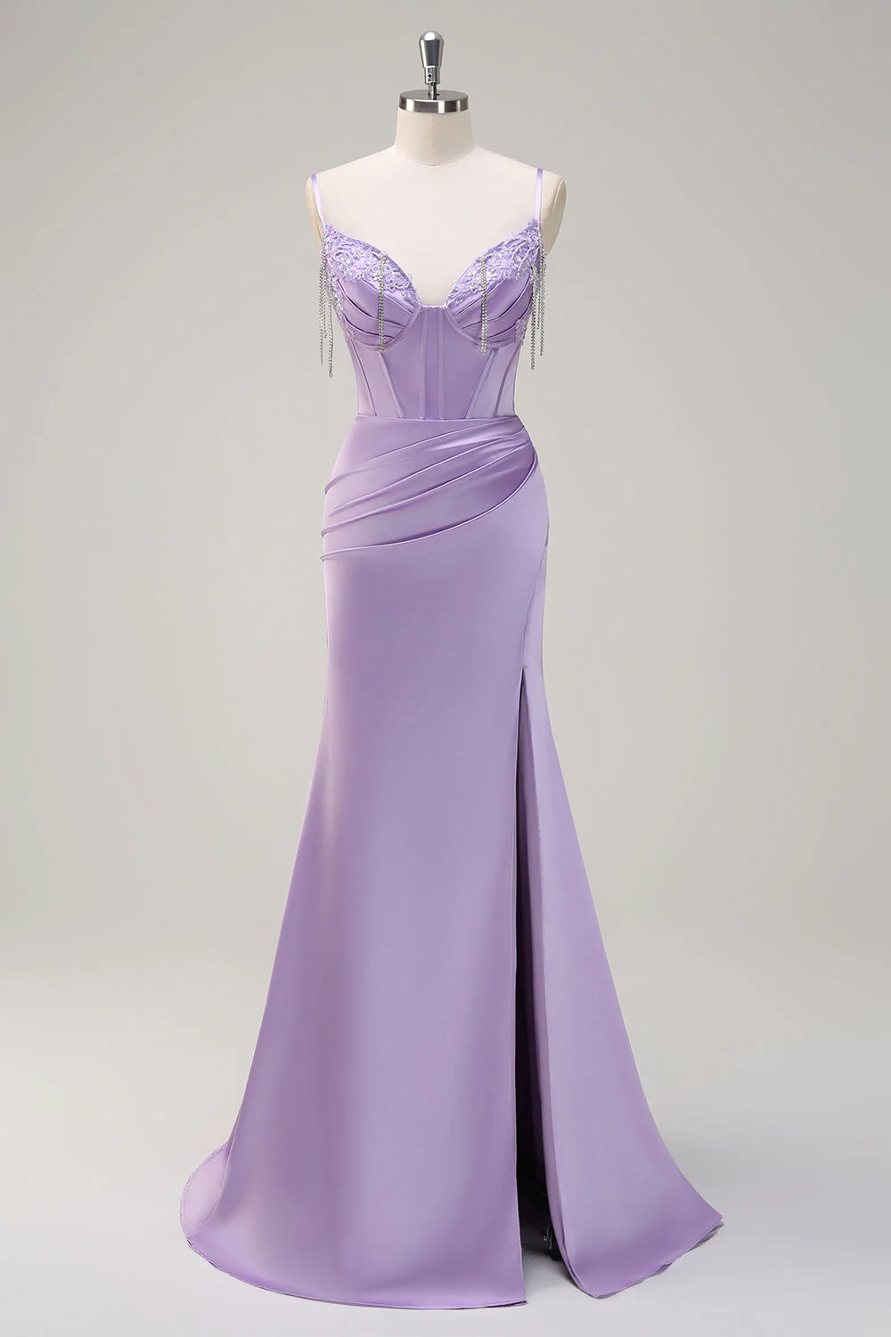 Lilac mermaid slim suspender pleated corset bead long ball dress with slit