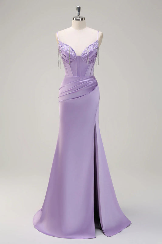 Lilac mermaid slim suspender pleated corset bead long ball dress with slit