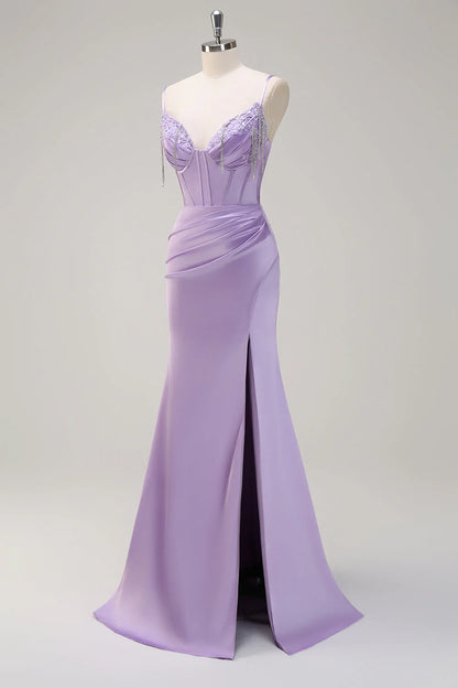 Lilac mermaid slim suspender pleated corset bead long ball dress with slit