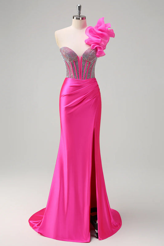 Sparkling mermaid detachable pleated single shoulder long ball skirt with slit