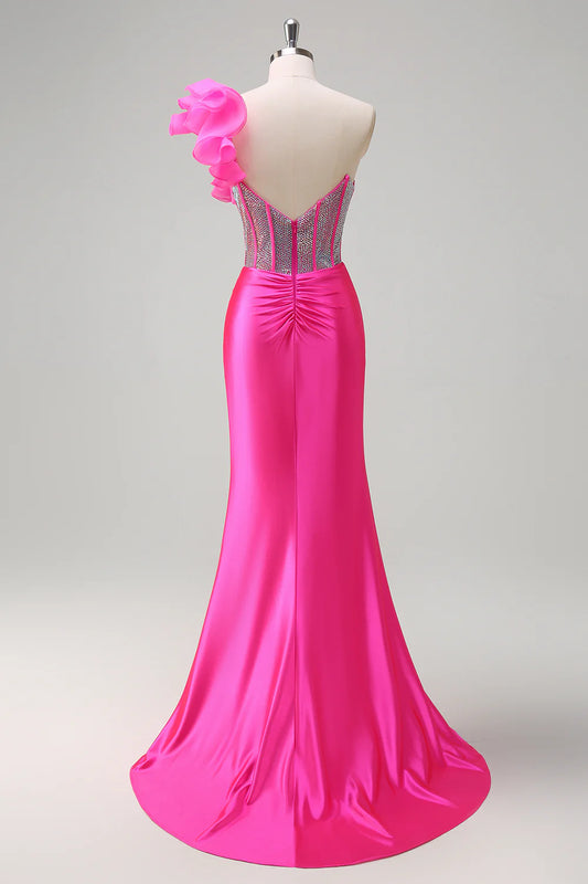 Sparkling mermaid detachable pleated single shoulder long ball skirt with slit