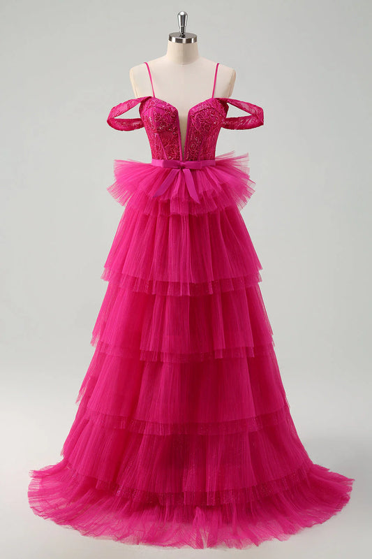Hot Pink A-Line Cold Shoulder Tulle Tiered Sequin Long Prom Dress with Appliques
