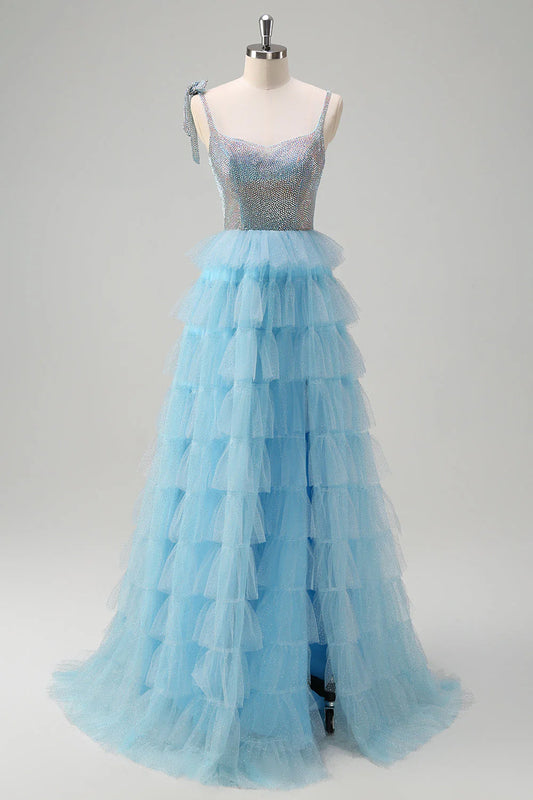 Shiny light blue A-line thin suspender bead layered ball skirt with ruffle edges