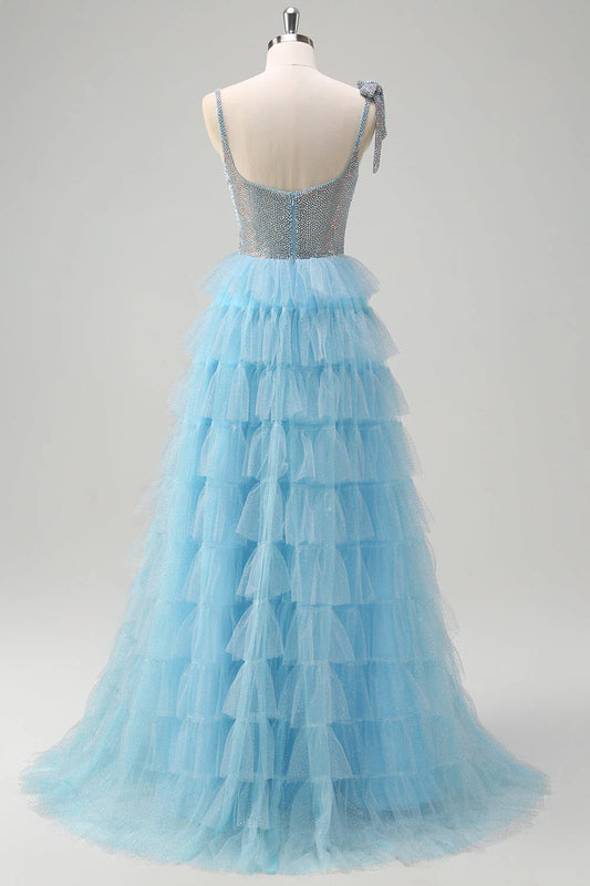 Shiny light blue A-line thin suspender bead layered ball skirt with ruffle edges