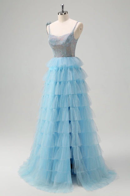 Shiny light blue A-line thin suspender bead layered ball skirt with ruffle edges