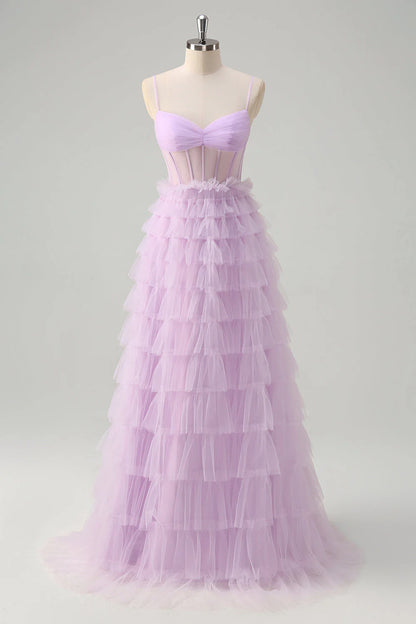 Light purple A-line thin suspender transparent tight corset layered long ball skirt with ruffles