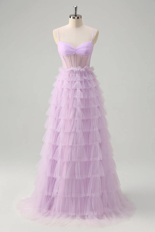 Light purple A-line thin suspender transparent tight corset layered long ball skirt with ruffles