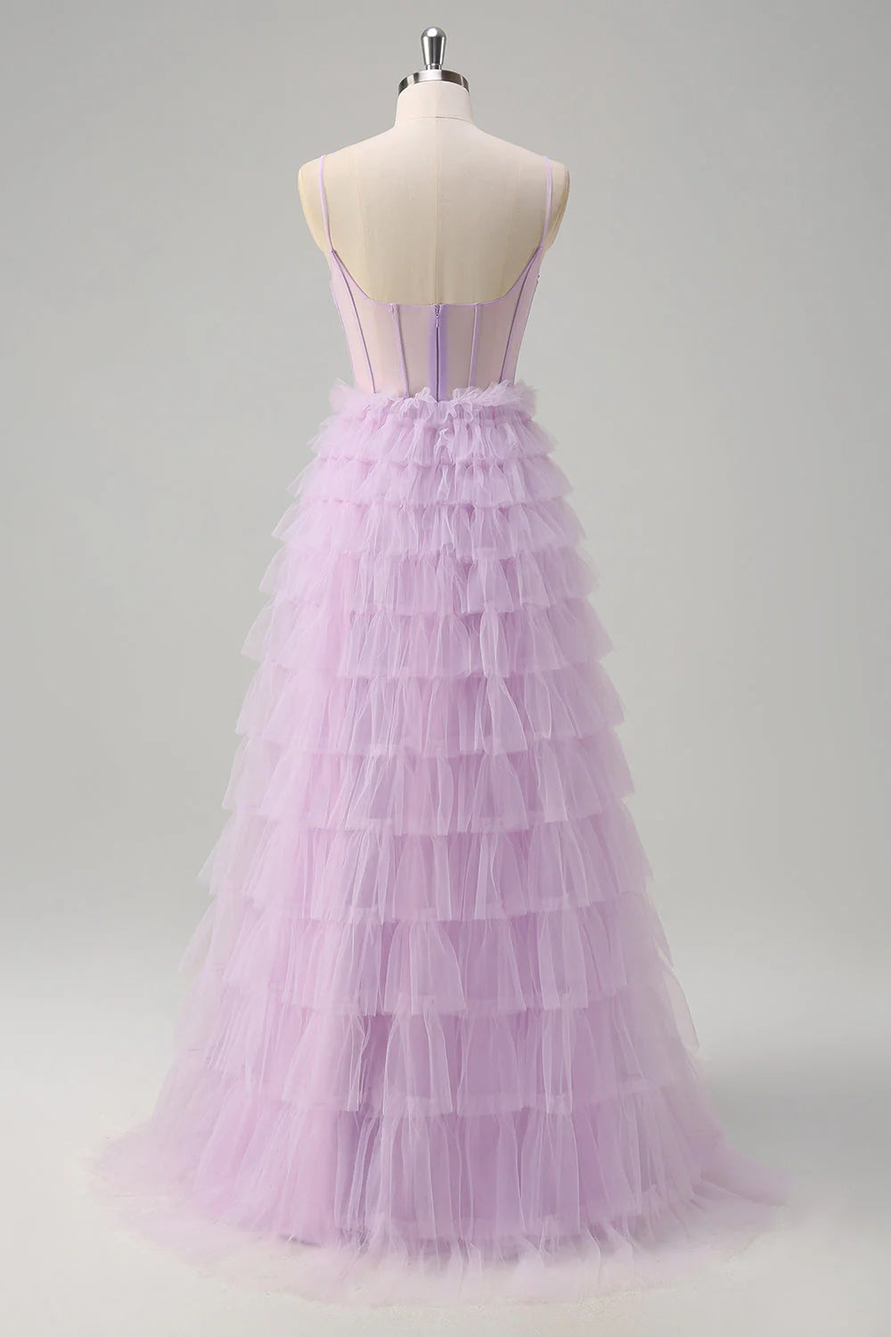 Light purple A-line thin suspender transparent tight corset layered long ball skirt with ruffles