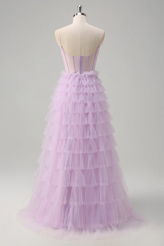 Light purple A-line thin suspender transparent tight corset layered long ball skirt with ruffles