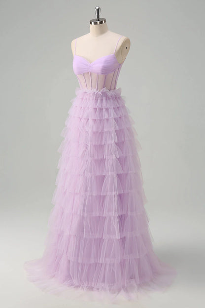 Light purple A-line thin suspender transparent tight corset layered long ball skirt with ruffles