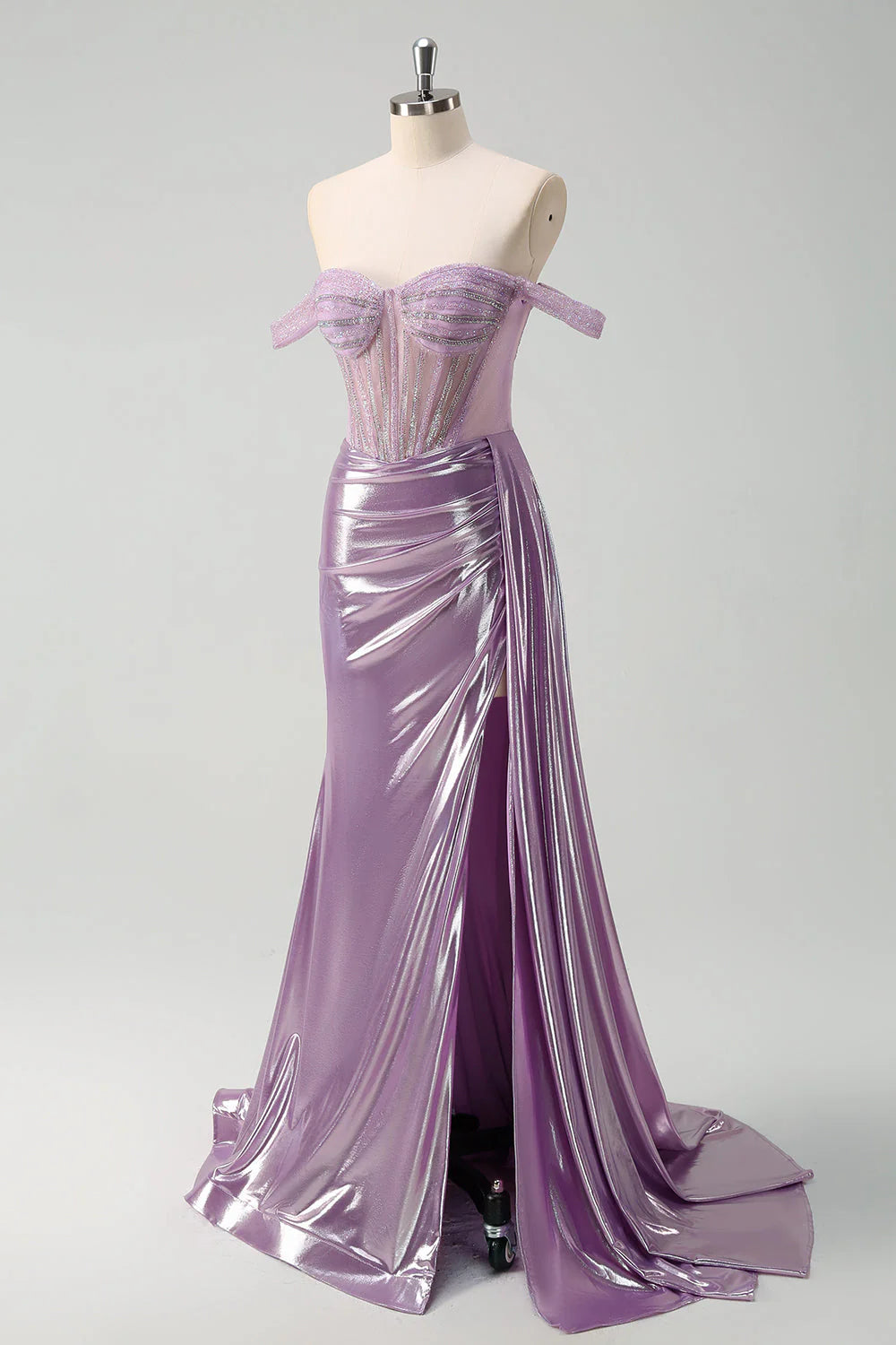 Light Purple Mermaid Off The Shoulder Streamer Corset Metallic Prom Dress with Slit
