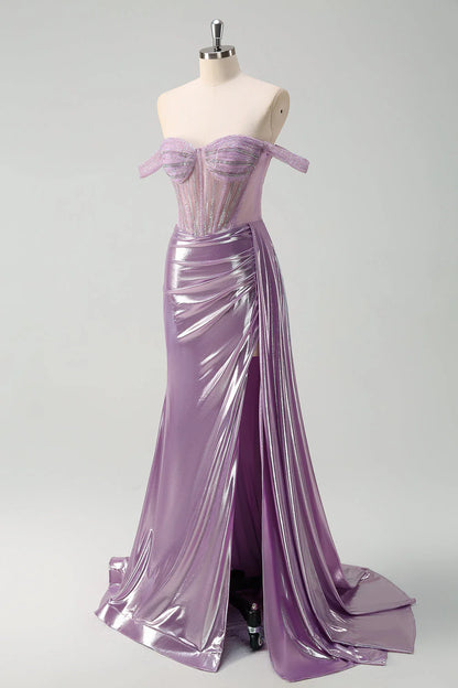Light Purple Mermaid Off The Shoulder Streamer Corset Metallic Prom Dress with Slit