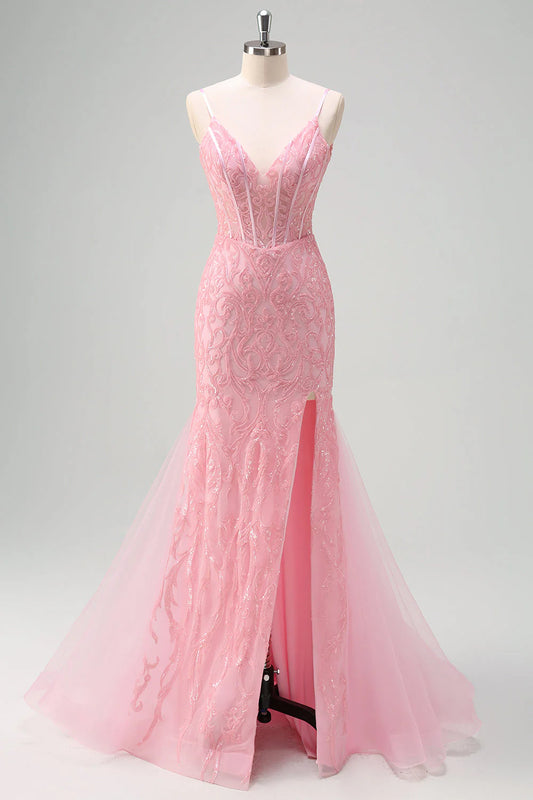 Shiny light pink mermaid V-neck tight corset sequined long ball dress with slit