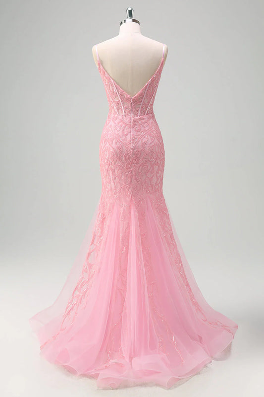 Shiny light pink mermaid V-neck tight corset sequined long ball dress with slit