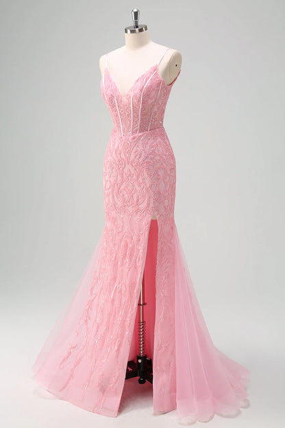 Shiny light pink mermaid V-neck tight corset sequined long ball dress with slit