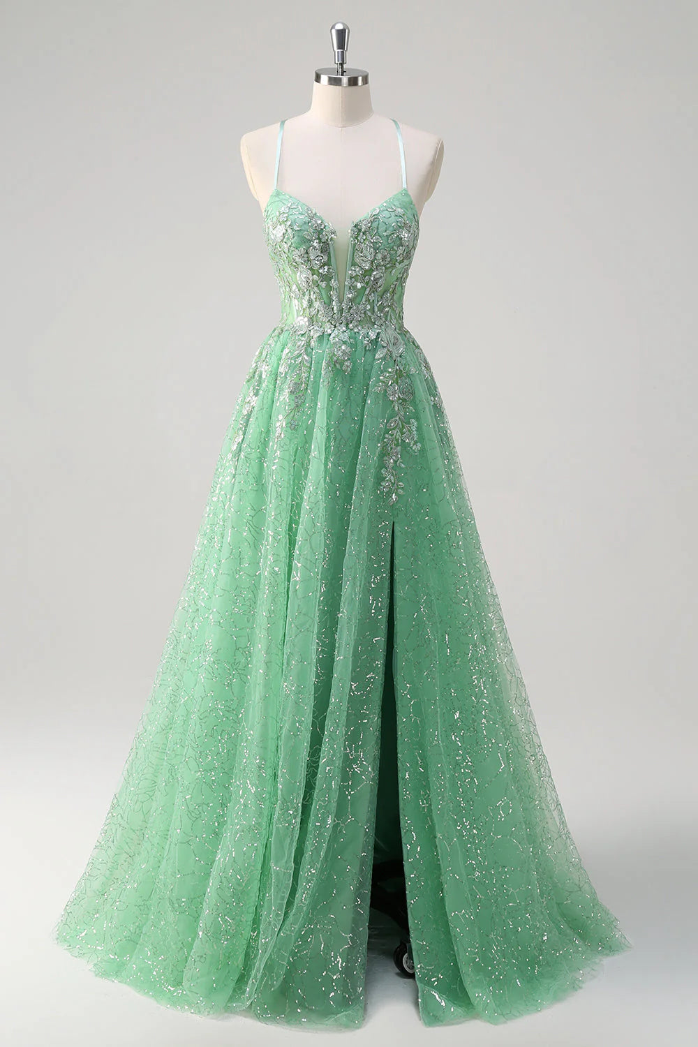 Shiny light green A-line slim suspender corset with sequined long ball dress with slit