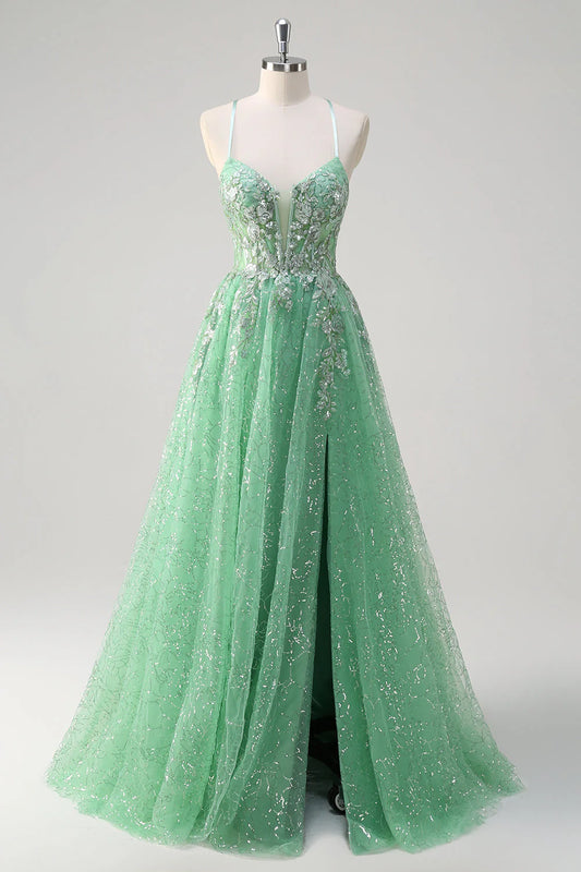 Shiny light green A-line slim suspender corset with sequined long ball dress with slit