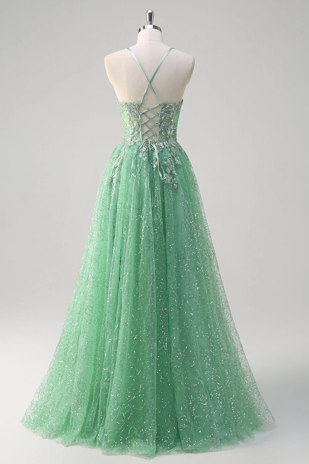 Shiny light green A-line slim suspender corset with sequined long ball dress with slit