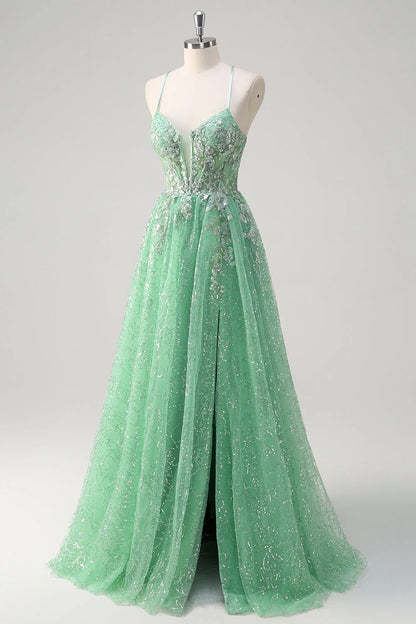 Shiny light green A-line slim suspender corset with sequined long ball dress with slit