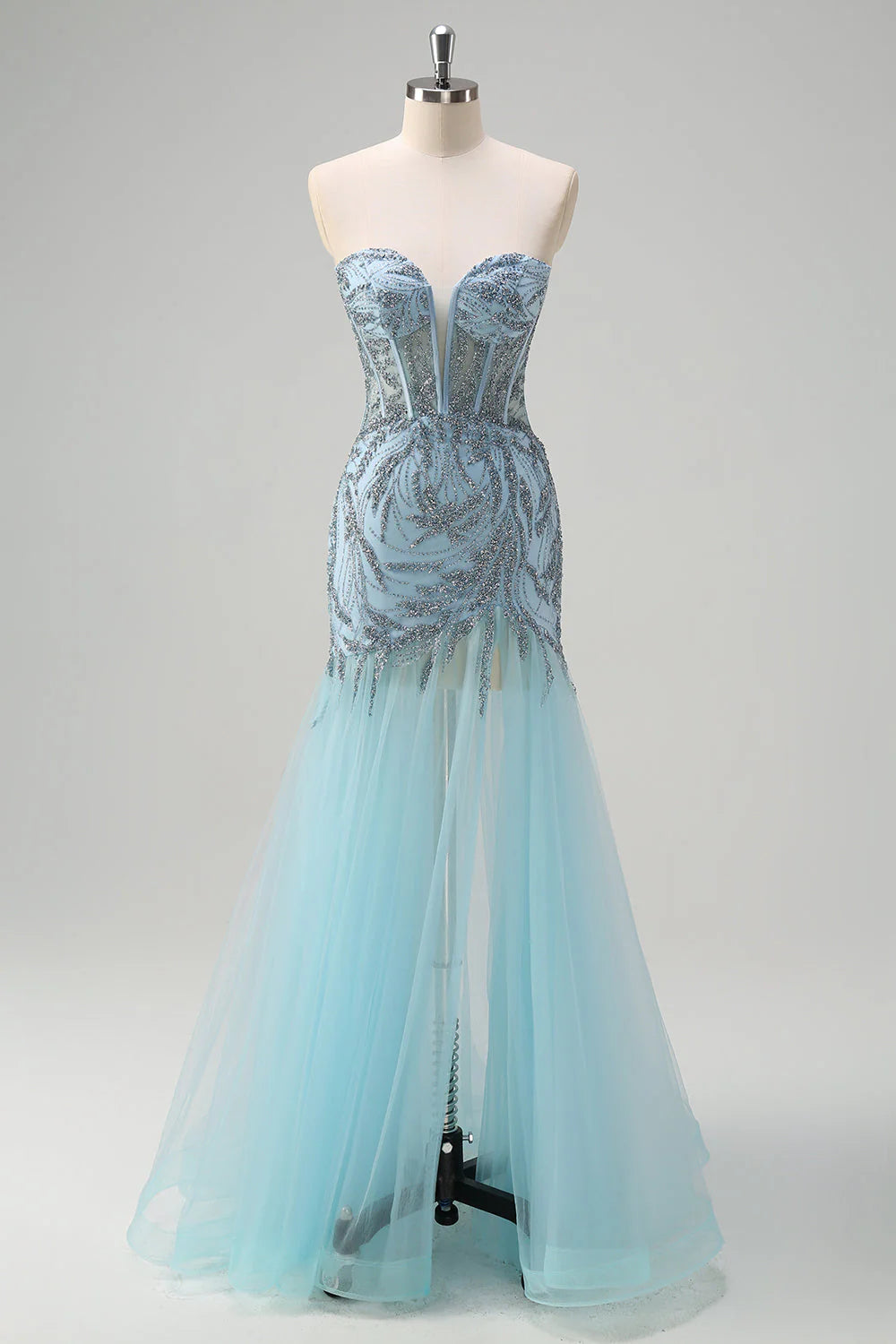 Sparkly Light Blue Mermaid Strapless Corset Long Beaded Prom Dress With Tulle Slit
