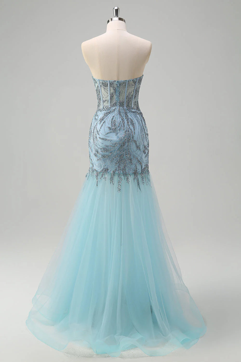 Sparkly Light Blue Mermaid Strapless Corset Long Beaded Prom Dress With Tulle Slit