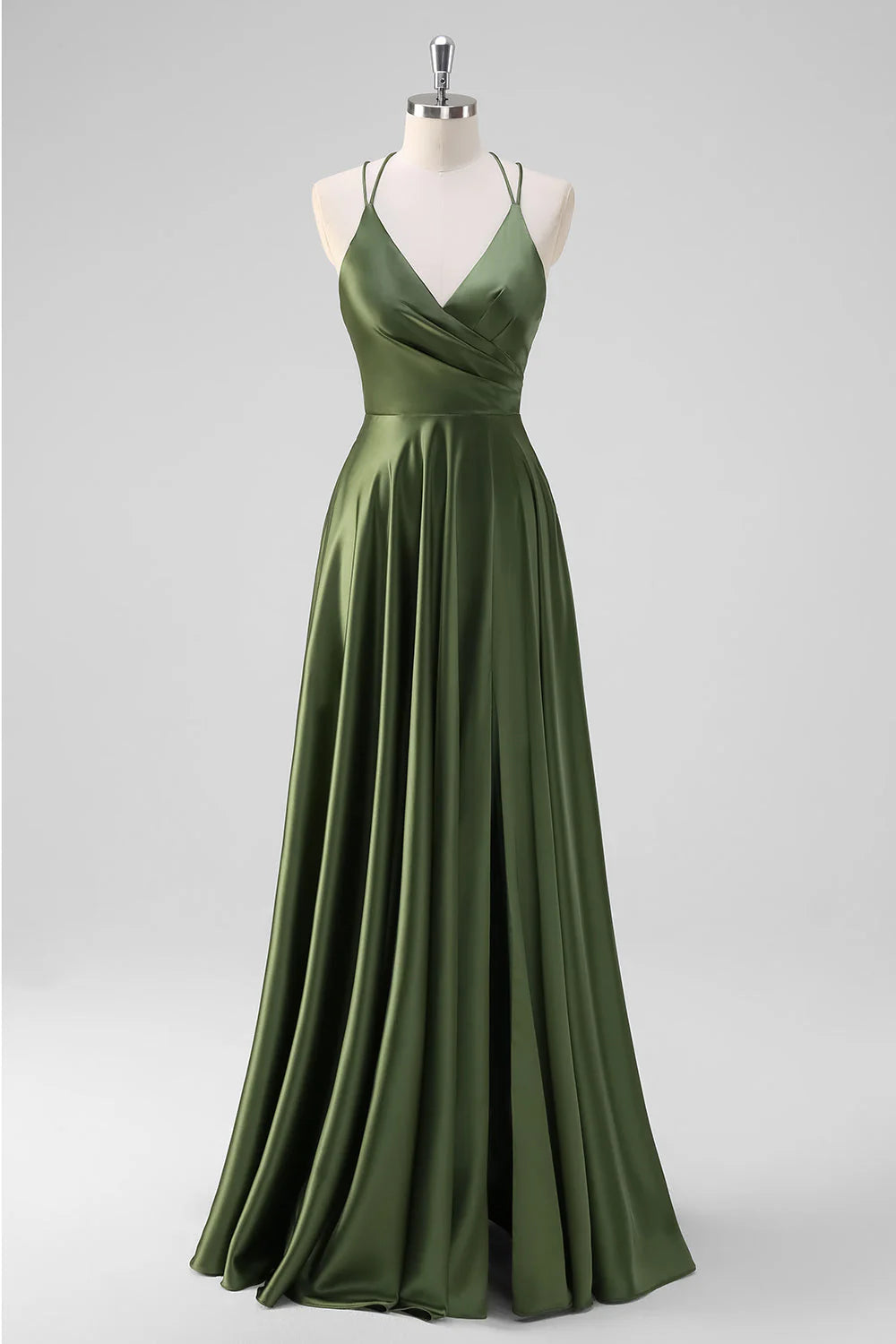 Olive A-Line Spaghetti Straps Ruched Satin Long Bridesmaid Dress
