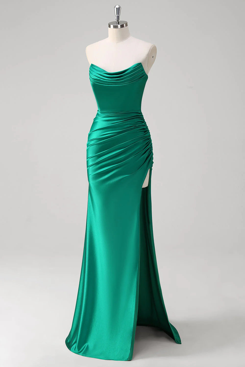 Green Mermaid Strapless Ruched Satin Long Prom Dress with Slit