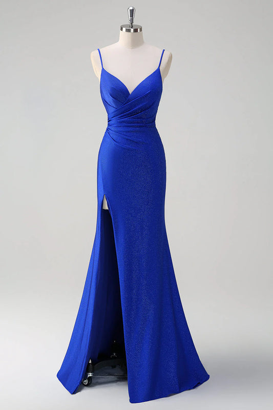 Sparkling Royal Blue Mermaid Thin Strap V Tie Ruffle Long Ball Skirt Side Split
