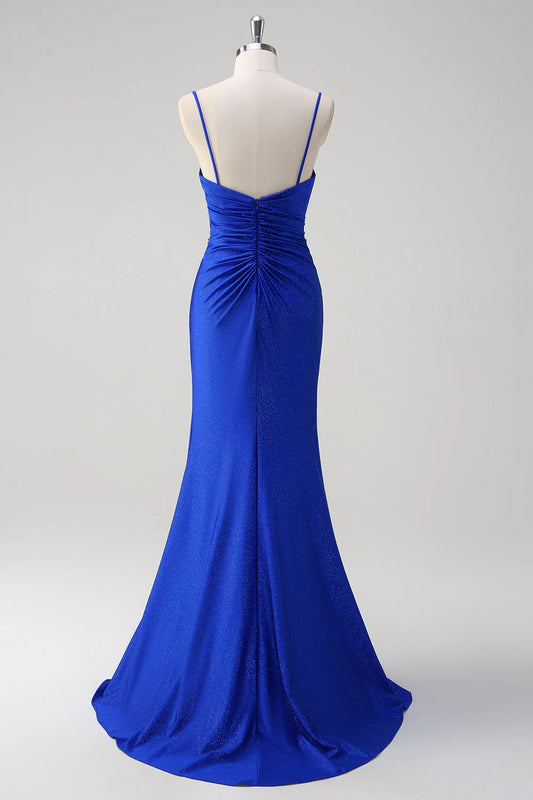 Sparkling Royal Blue Mermaid Thin Strap V Tie Ruffle Long Ball Skirt Side Split