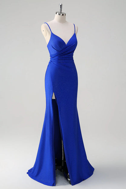 Sparkling Royal Blue Mermaid Thin Strap V Tie Ruffle Long Ball Skirt Side Split