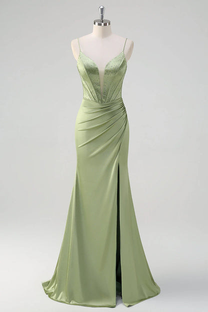 Green mermaid slim suspender deep v tight corset with diamond side slit dress