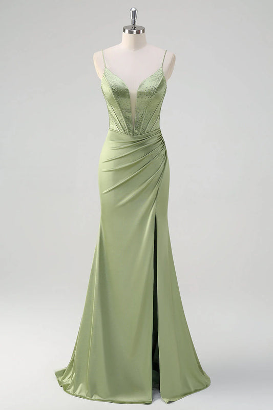 Green mermaid slim suspender deep v tight corset with diamond side slit dress