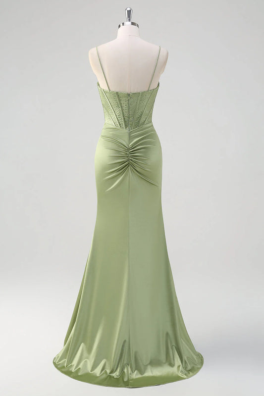 Green mermaid slim suspender deep v tight corset with diamond side slit dress