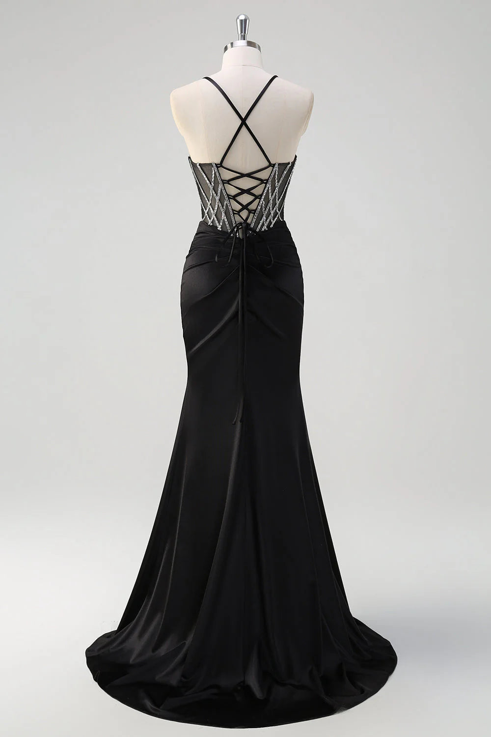 Sparkly Black Mermaid Halter Neck Beaded Ruched Long Prom Dress With Slit