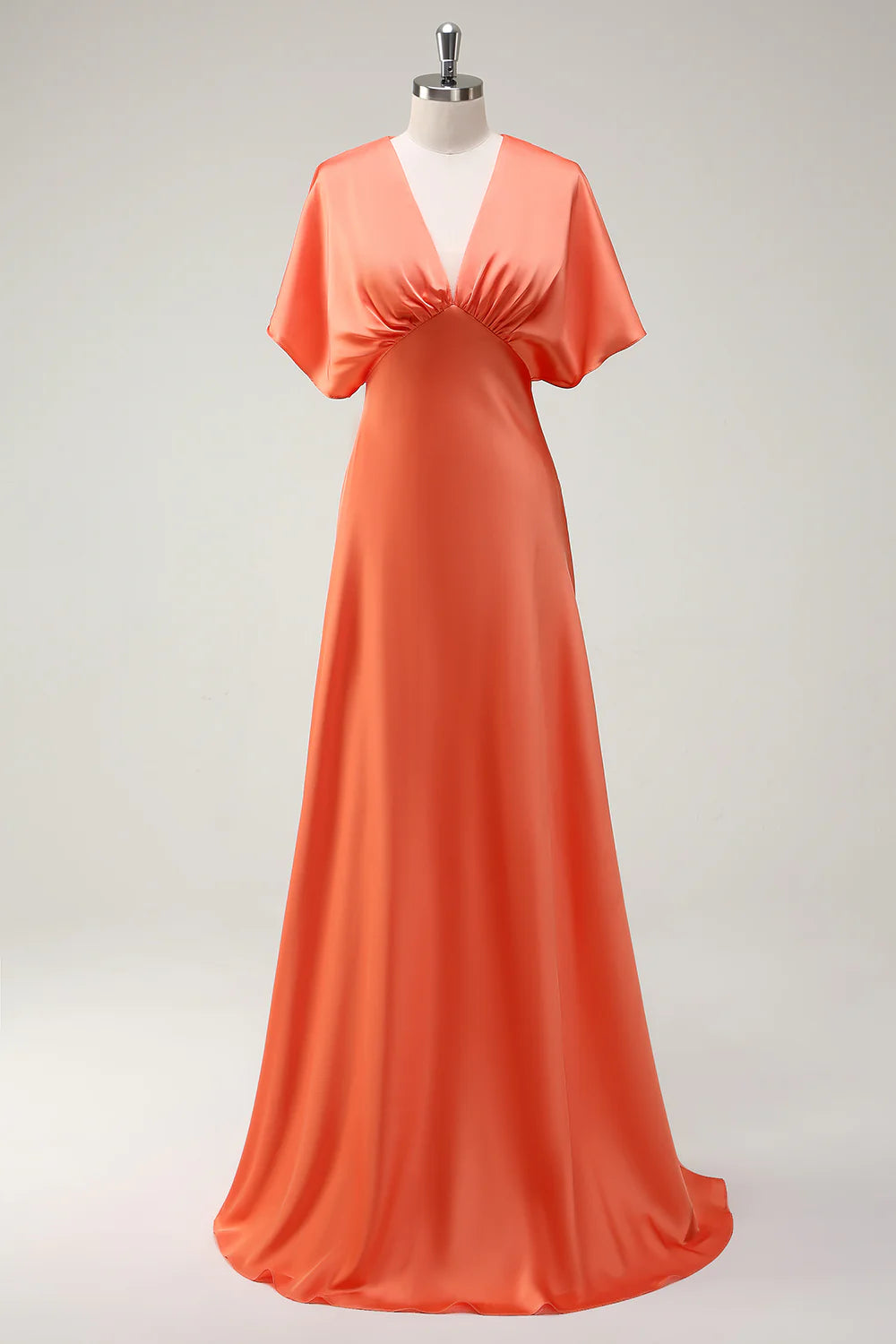V-neck satin bridesmaid dress with cinched waist long skirt