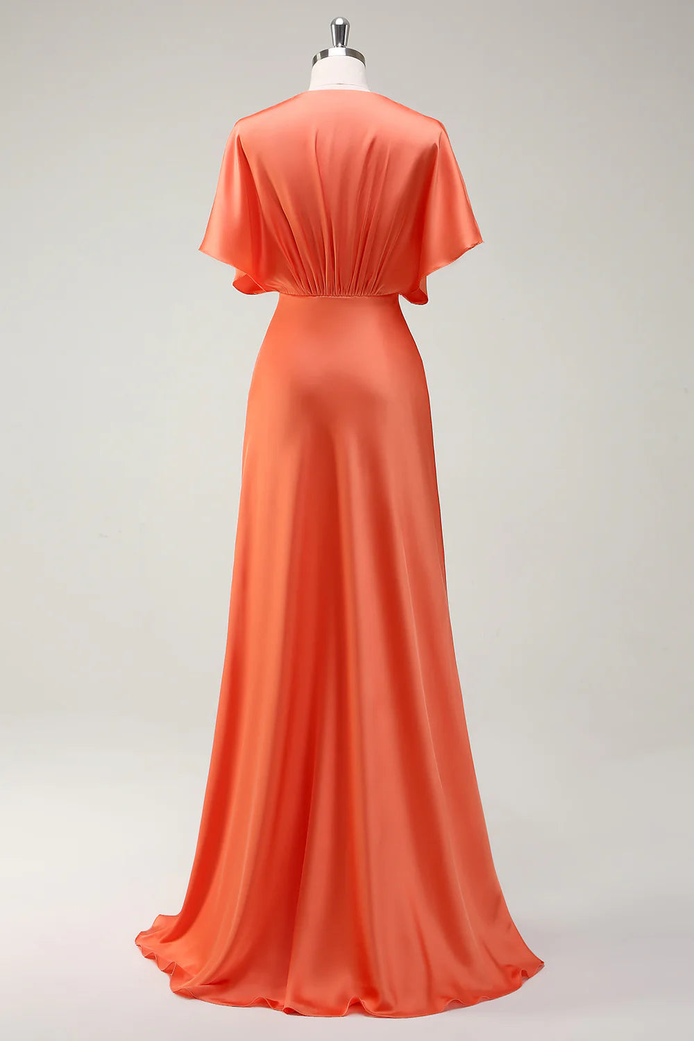 V-neck satin bridesmaid dress with cinched waist long skirt