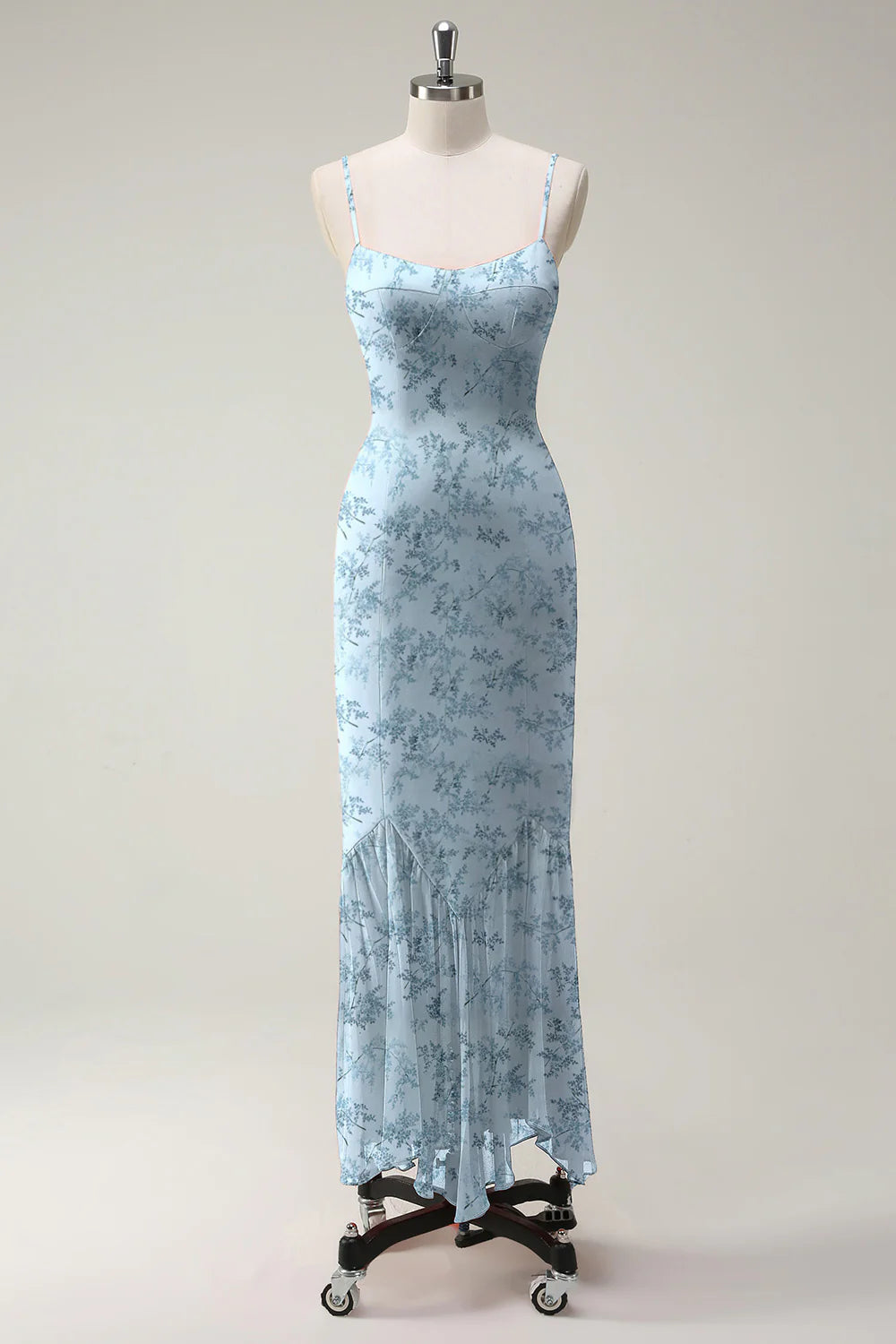 Thin shoulder chiffon long bridesmaid dress with ruffles