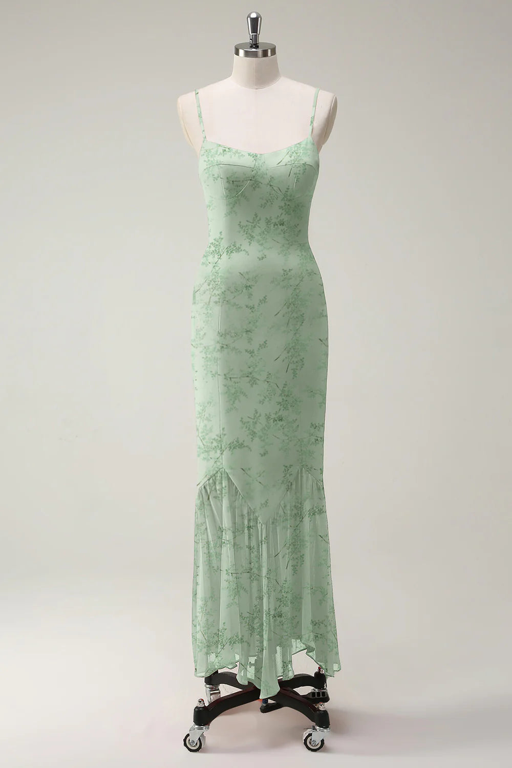 Thin shoulder chiffon long bridesmaid dress with ruffles