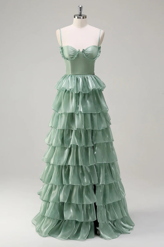 Dusty Sage A-Line Spaghetti Straps Tiered Corset Prom Dress with Ruffle Slit
