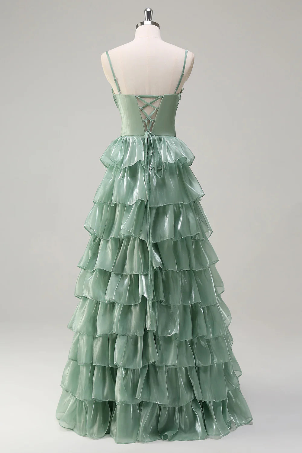 Dusty Sage A-Line Spaghetti Straps Tiered Corset Prom Dress with Ruffle Slit