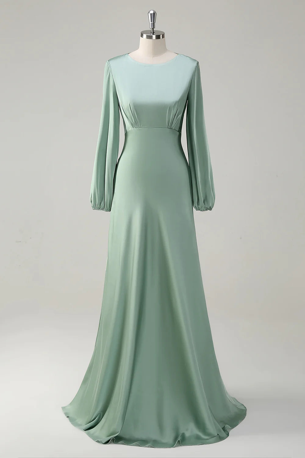 Agave A-Line Round Neck Satin Long Bridesmaid Dress with Long Sleeves