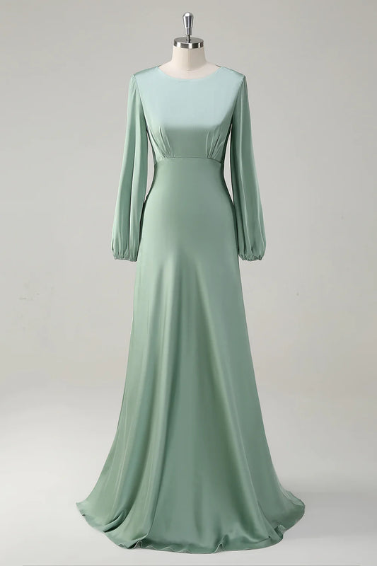 Agave A-Line Round Neck Satin Long Bridesmaid Dress with Long Sleeves