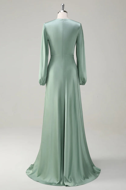 Agave A-Line Round Neck Satin Long Bridesmaid Dress with Long Sleeves