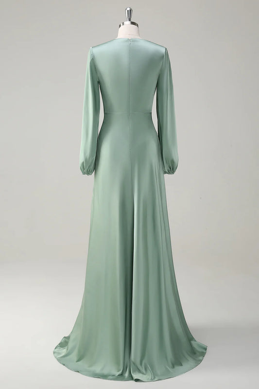 Agave A-Line Round Neck Satin Long Bridesmaid Dress with Long Sleeves