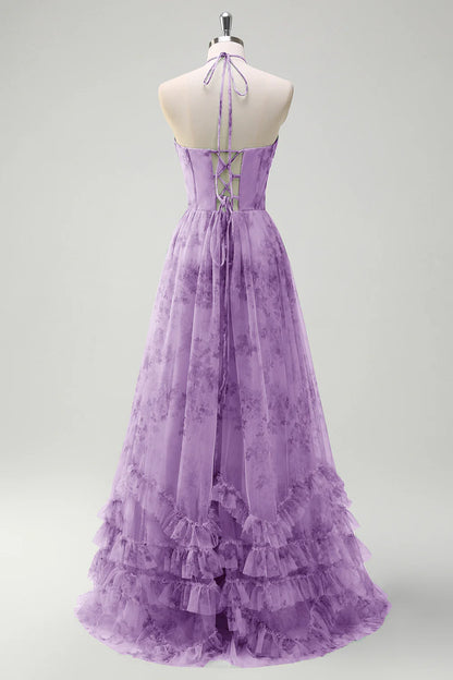 Flower A-line suspender scarf lotus leaf side length bridesmaid dress with slit