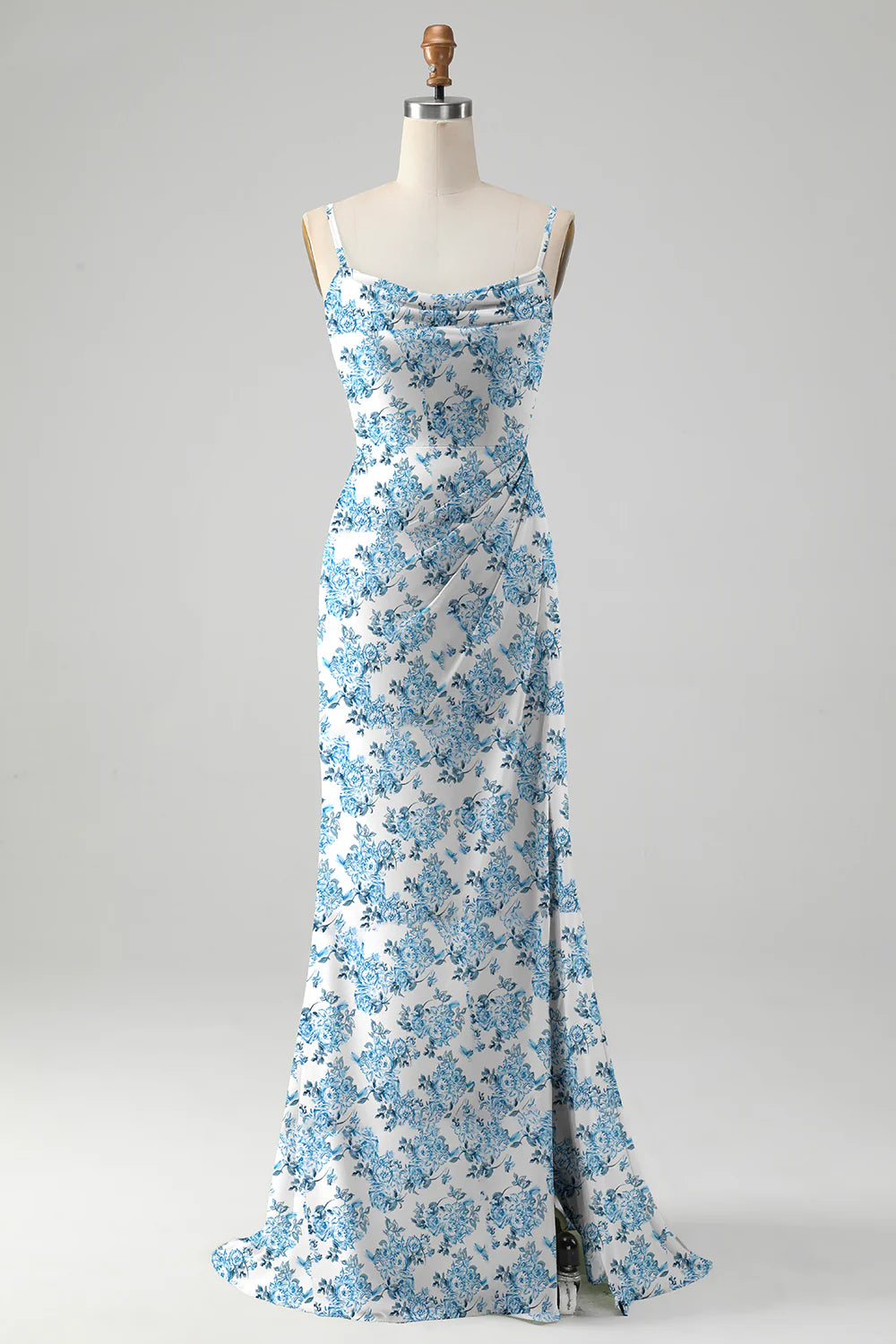 White Blue Flower A-Line Cowl Neck Printed Long Bridesmaid Dress With Slit