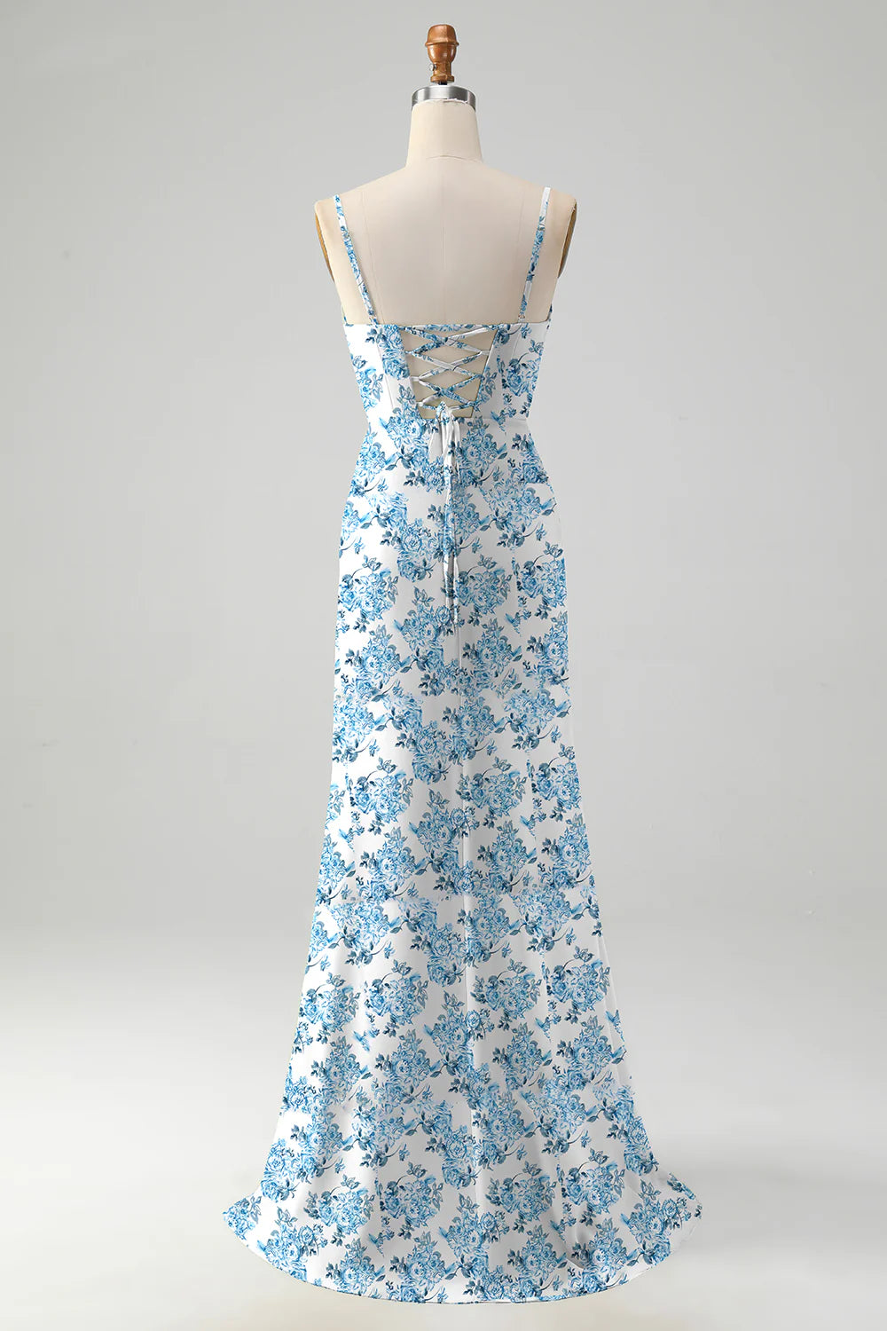 White Blue Flower A-Line Cowl Neck Printed Long Bridesmaid Dress With Slit