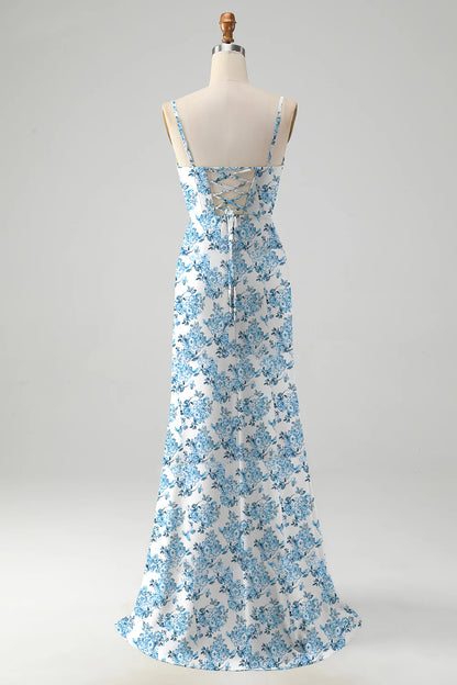White Blue Flower A-Line Cowl Neck Printed Long Bridesmaid Dress With Slit