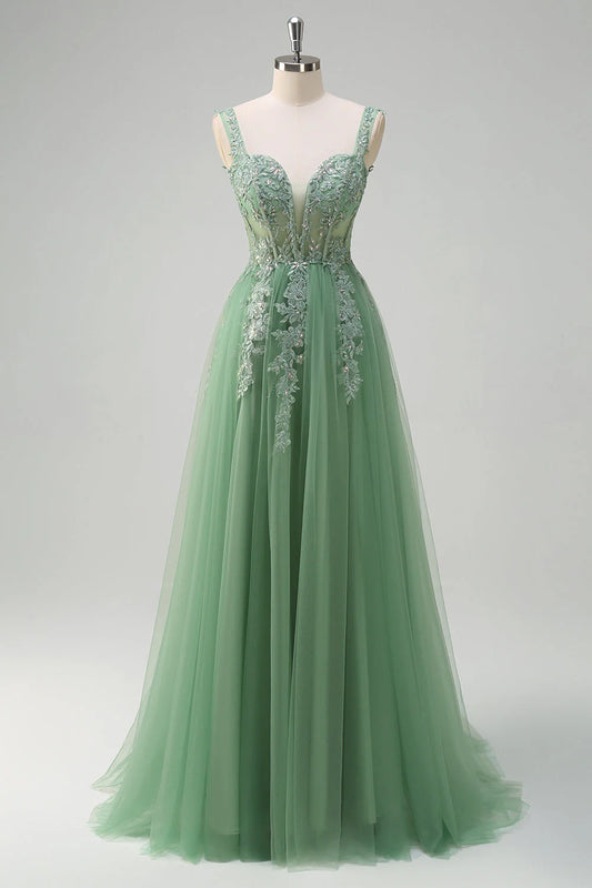 Green chiffon A-line thin suspender tight corset sequined long ball dress with decals