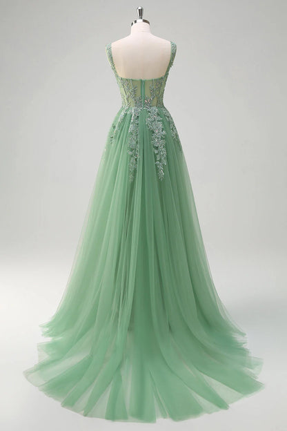 Green chiffon A-line thin suspender tight corset sequined long ball dress with decals